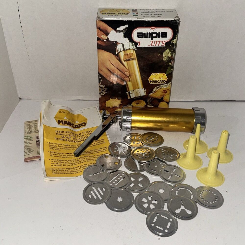 Vintage Marcato Ampia Biscuits Cookie Press Complete Italy 20 Discs Box 4 Tips
